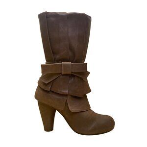Chie Mihara Womenโs Brown Leather Bow & Ruffle Accent Heeled Mid-Top Boots Sz 38